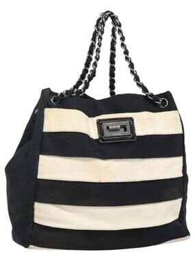CHANEL Chain Tote Bag Canvas Navy White CC Auth